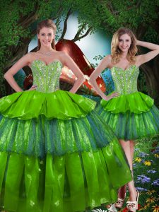 Lovely Olive Green Sleeveless Floor Length Beading and Ruffled Layers Lace Up Ball Gown Prom Dress