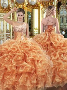 Smart Sleeveless Organza Floor Length Lace Up Sweet 16 Dress in Orange with Beading and Ruffles