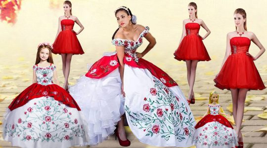 Fashionable White And Red Sleeveless Brush Train Embroidery and Ruffled Layers Vestidos de Quinceanera