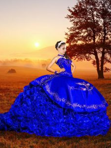Royal Blue Vestidos de Quinceanera Organza Brush Train Sleeveless Embroidery and Ruffles