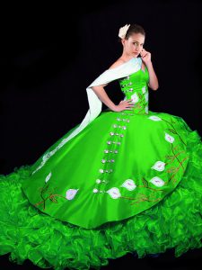 Green Organza Lace Up Quince Ball Gowns Sleeveless Brush Train Embroidery and Ruffles