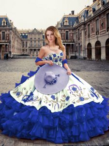 Royal Blue Organza Lace Up 15 Quinceanera Dress Sleeveless Floor Length Embroidery and Ruffled Layers