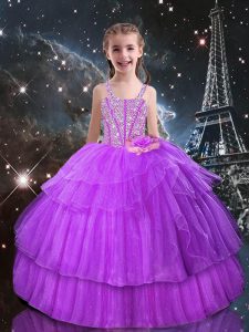 Admirable Lilac Organza Lace Up Straps Sleeveless Floor Length Kids Formal Wear Beading and Ruffled Layers