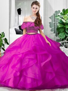 Off The Shoulder Sleeveless Lace Up Sweet 16 Dress Fuchsia Tulle