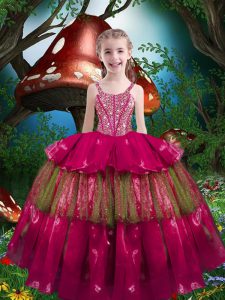 Trendy Hot Pink Sleeveless Floor Length Beading and Ruffled Layers Lace Up Kids Formal Wear