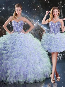 Excellent Lavender Lace Up Quince Ball Gowns Beading and Ruffles Sleeveless Floor Length