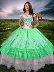 Off The Shoulder Sleeveless Taffeta Sweet 16 Dresses Beading and Embroidery and Ruffled Layers Lace Up