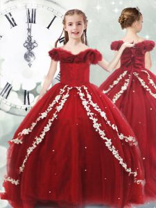 Popular Wine Red Sleeveless Appliques Lace Up Girls Pageant Dresses