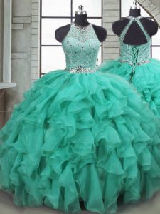 Trendy Turquoise Lace Up Scoop Beading and Ruffles Sweet 16 Quinceanera Dress Organza Sleeveless Brush Train