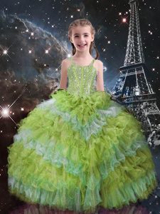 Yellow Green Ball Gowns Organza Straps Sleeveless Beading and Ruffled Layers Floor Length Lace Up Little Girls Pageant Dress