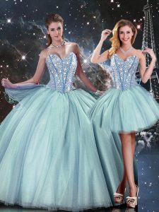 Colorful Light Blue Ball Gowns Beading Quince Ball Gowns Lace Up Tulle Sleeveless Floor Length