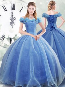 Elegant Light Blue Ball Gowns Pick Ups Quince Ball Gowns Lace Up Organza Sleeveless