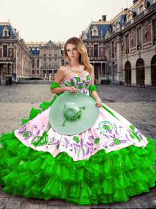 Stylish Green Lace Up Sweet 16 Dress Embroidery and Ruffled Layers Sleeveless Floor Length