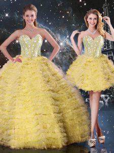 Super Yellow Ball Gowns Sweetheart Sleeveless Organza Floor Length Lace Up Beading and Ruffled Layers Vestidos de Quinceanera