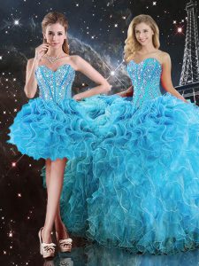 Exquisite Sleeveless Floor Length Beading and Ruffles Lace Up 15th Birthday Dress with Aqua Blue