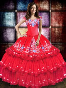 Coral Red Off The Shoulder Neckline Embroidery and Ruffled Layers Sweet 16 Dress Sleeveless Lace Up