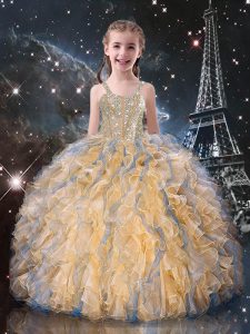 Beading and Ruffles Kids Formal Wear Champagne Lace Up Sleeveless Floor Length