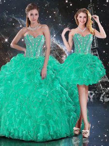 Designer Floor Length Lace Up Sweet 16 Dress Turquoise for Military Ball and Sweet 16 and Quinceanera with Beading and Ruffles