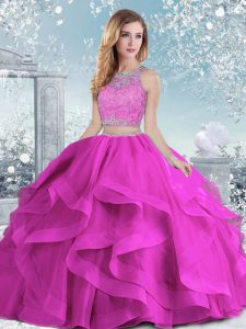 Fuchsia Ball Gowns Scoop Sleeveless Organza Floor Length Clasp Handle Beading and Ruffles 15th Birthday Dress