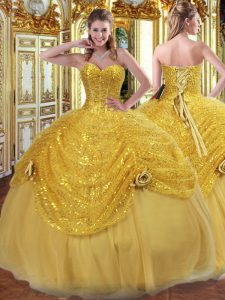 Spectacular Sleeveless Tulle Floor Length Lace Up Quinceanera Gown in Gold with Pick Ups and Hand Made Flower