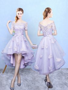 Exquisite Off The Shoulder Short Sleeves Lace Up Vestidos de Damas Lavender Tulle
