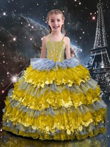 Perfect Organza Sleeveless Floor Length Pageant Dress for Girls and Beading and Ruffled Layers