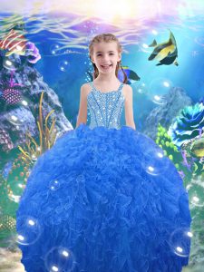 Baby Blue Ball Gowns Beading and Ruffles Little Girl Pageant Dress Lace Up Organza Sleeveless Floor Length