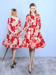 Red Printed Lace Up Scoop 3 4 Length Sleeve Knee Length Quinceanera Dama Dress Pattern
