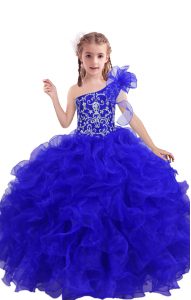 Royal Blue Ball Gowns Organza One Shoulder Sleeveless Beading and Ruffles Floor Length Lace Up Little Girls Pageant Dress Wholesale