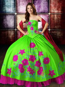 Spectacular Sleeveless Satin Floor Length Lace Up Sweet 16 Dress in Multi-color with Embroidery