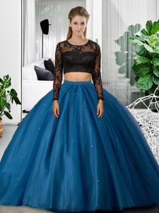 Romantic Blue Two Pieces Scoop Long Sleeves Tulle Floor Length Backless Lace and Ruching Vestidos de Quinceanera
