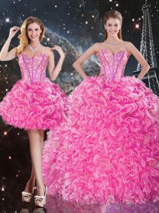 Fine Rose Pink Sleeveless Beading and Ruffles Floor Length Quinceanera Dresses