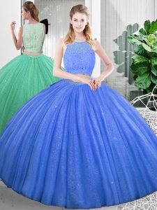 Organza Scoop Sleeveless Zipper Lace and Ruching Sweet 16 Dresses in Baby Blue