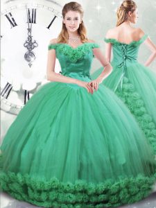 Turquoise Lace Up Off The Shoulder Hand Made Flower 15 Quinceanera Dress Fabric With Rolling Flowers Sleeveless Brush Train