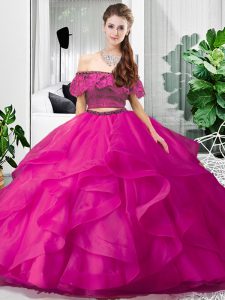 Sleeveless Floor Length Lace and Ruffles Lace Up Quinceanera Dress with Hot Pink