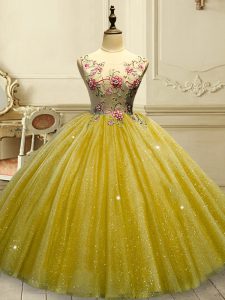 Stunning Floor Length Lace Up Sweet 16 Quinceanera Dress Gold for Military Ball and Sweet 16 and Quinceanera with Appliques and Sequins