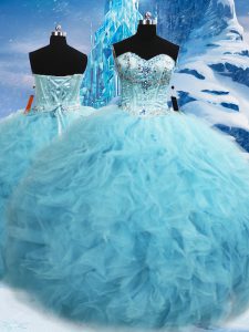 Sweetheart Sleeveless Ball Gown Prom Dress Floor Length Beading and Pick Ups Aqua Blue Tulle