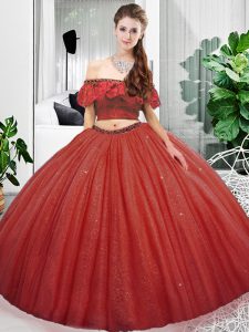 Coral Red Two Pieces Lace 15 Quinceanera Dress Lace Up Organza Sleeveless Floor Length