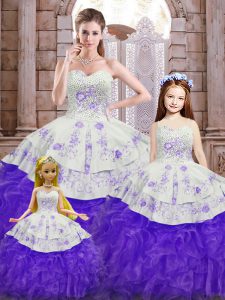 Wonderful White And Purple Lace Up Sweetheart Beading and Appliques and Ruffles Vestidos de Quinceanera Organza Sleeveless