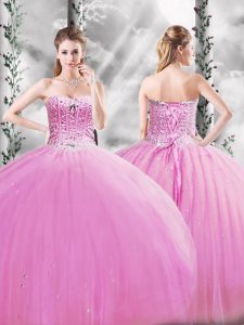 Fantastic Lilac Lace Up Quinceanera Dresses Beading Sleeveless Floor Length