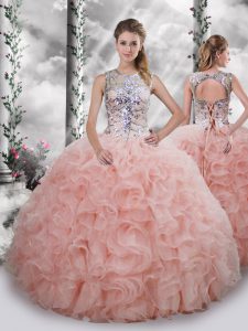 Scoop Sleeveless Lace Up Sweet 16 Dresses Baby Pink Organza