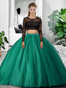Dark Green Ball Gown Prom Dress Military Ball and Sweet 16 and Quinceanera with Lace and Ruching Scoop Long Sleeves Backless