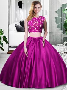 Fabulous Fuchsia Sleeveless Lace and Ruching Floor Length Sweet 16 Quinceanera Dress