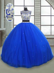 Floor Length Royal Blue Quinceanera Gown Tulle Sleeveless Beading