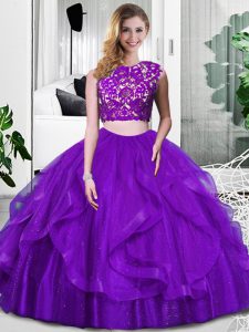 Custom Made Purple Tulle Zipper Ball Gown Prom Dress Sleeveless Floor Length Lace and Ruffles