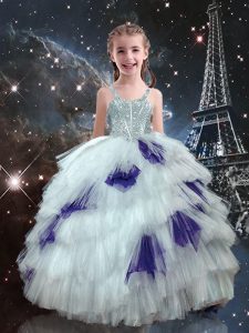 White Sleeveless Floor Length Beading and Ruffled Layers Lace Up Little Girls Pageant Dress