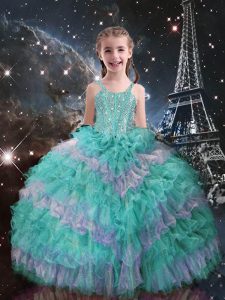 Floor Length Lace Up Pageant Dress Turquoise for Quinceanera and Wedding Party with Beading and Ruffled Layers