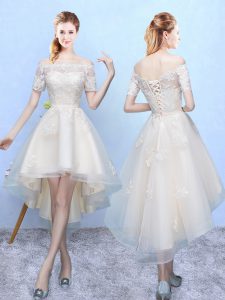 Super White Dama Dress for Quinceanera Prom and Party with Appliques Off The Shoulder Sleeveless Lace Up
