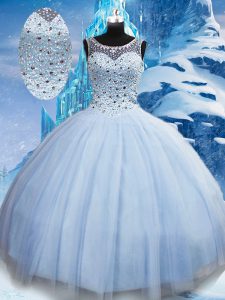 Suitable Light Blue Sleeveless Tulle Lace Up Quinceanera Gown for Military Ball and Sweet 16 and Quinceanera