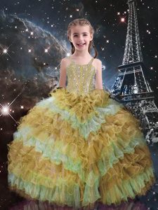 Sleeveless Floor Length Beading and Ruffled Layers Lace Up Kids Pageant Dress with Champagne